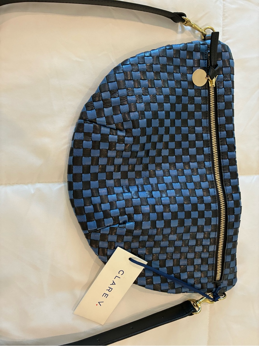 Clare V Blue & Black Woven Leather Crescent Shoulder Bag